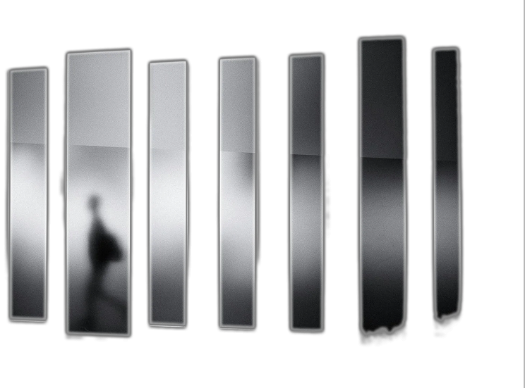 A shadowy person walks through a cooridor of blurred windows.